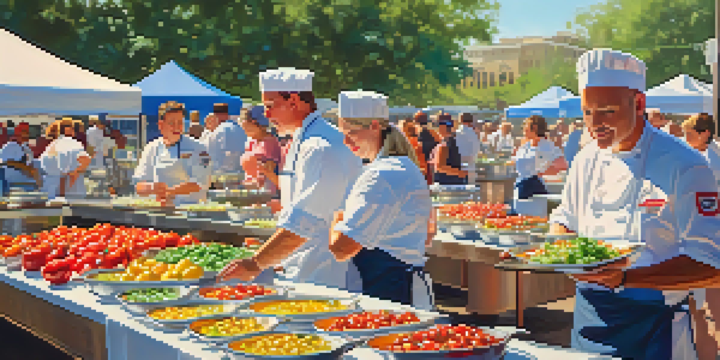 A lively culinary competition in Austin with chefs preparing dishes using fresh local ingredients, surrounded by an engaged audience under bright banners.