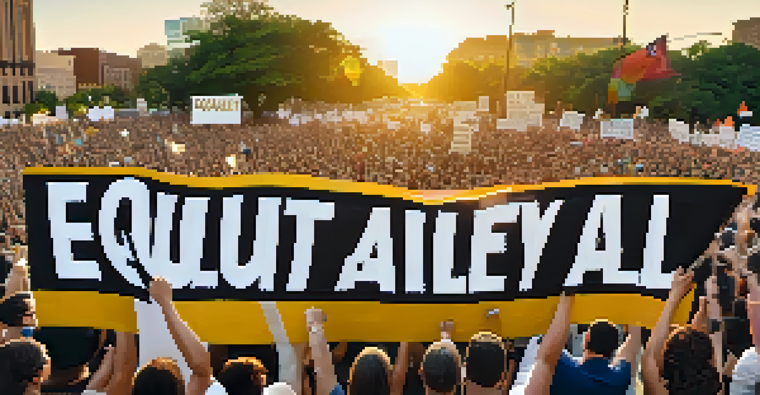 A close-up of a protest sign reading 'Equality for All' held by an activist in a crowd, with warm evening light.