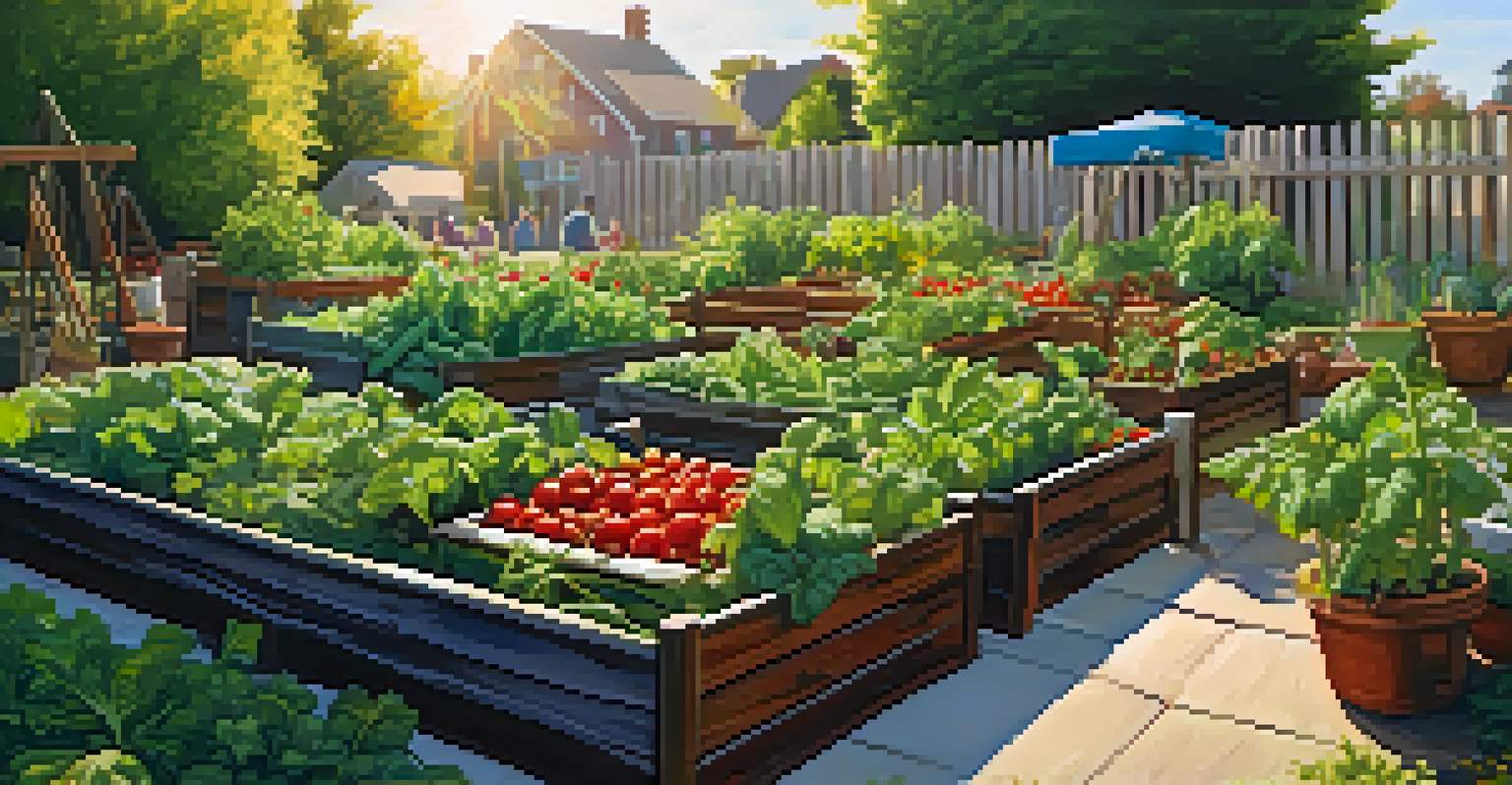 Detailed view of a community garden's raised beds filled with ripe vegetables, with neighbors chatting in the background.