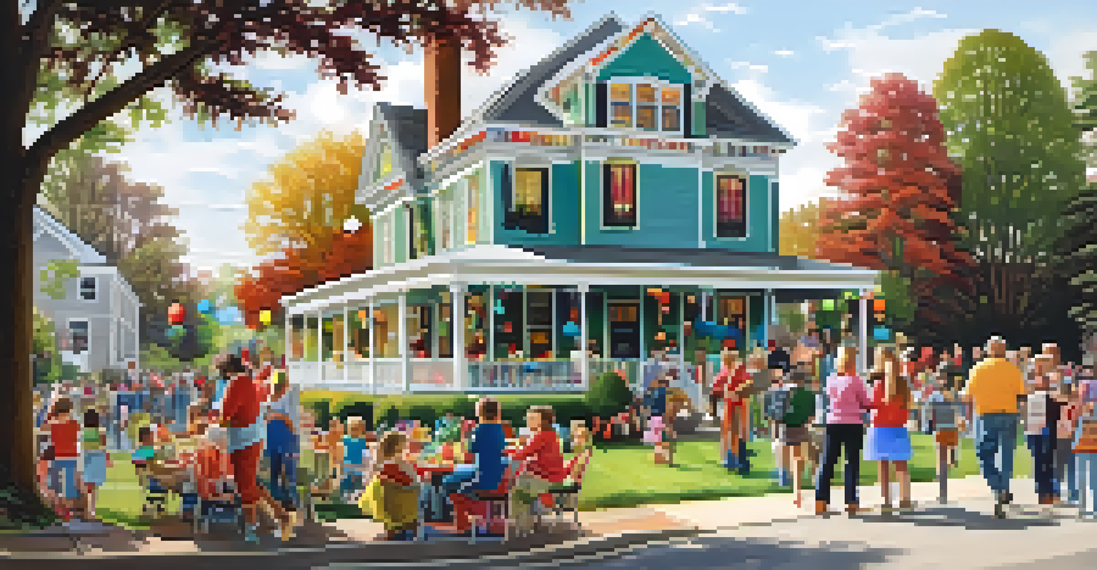 A community event in front of a historic home, with families enjoying activities and decorations.
