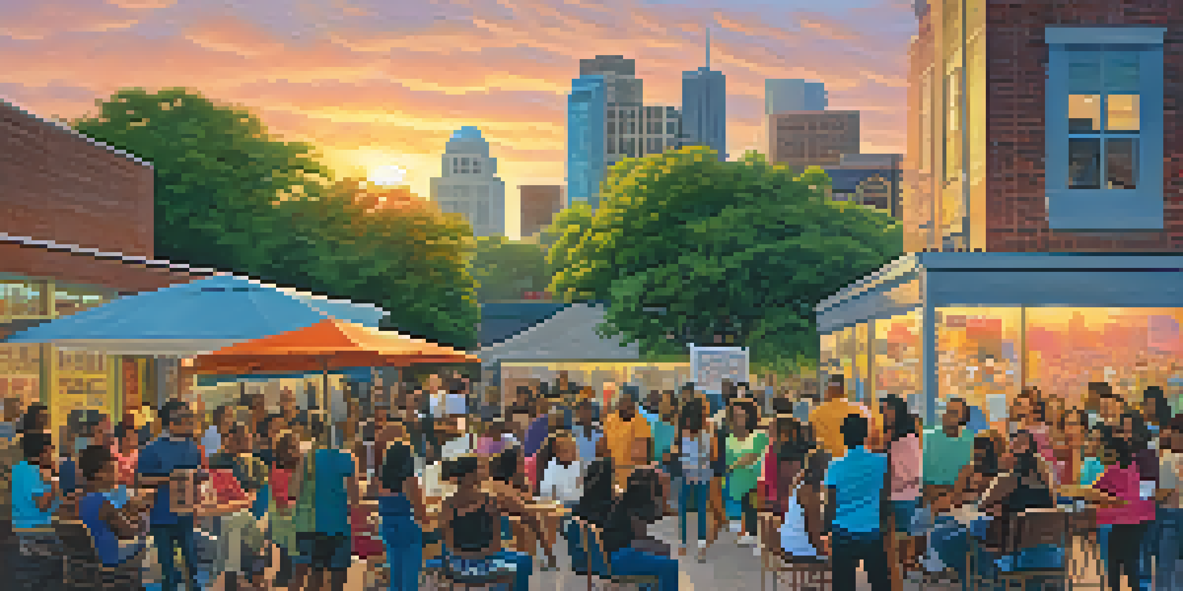 A diverse group of citizens gathered for a community meeting outdoors with Austin's skyline in the background, illuminated by sunset.