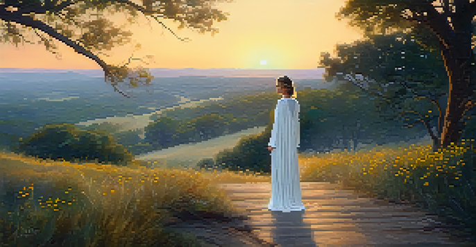 A peaceful Texas Hill Country landscape at dusk with a ghostly woman in white by a rustic bridge.