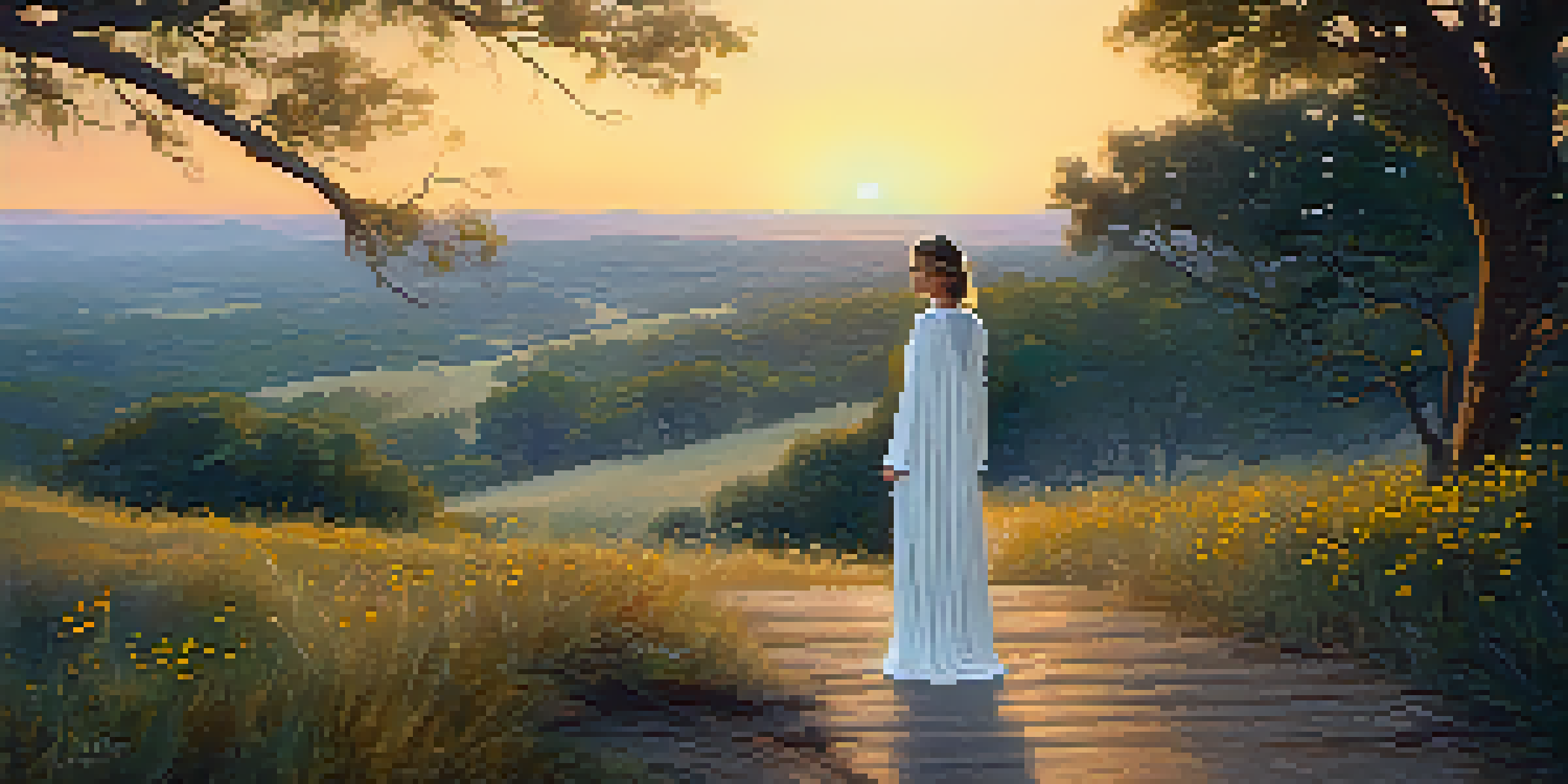 A peaceful Texas Hill Country landscape at dusk with a ghostly woman in white by a rustic bridge.