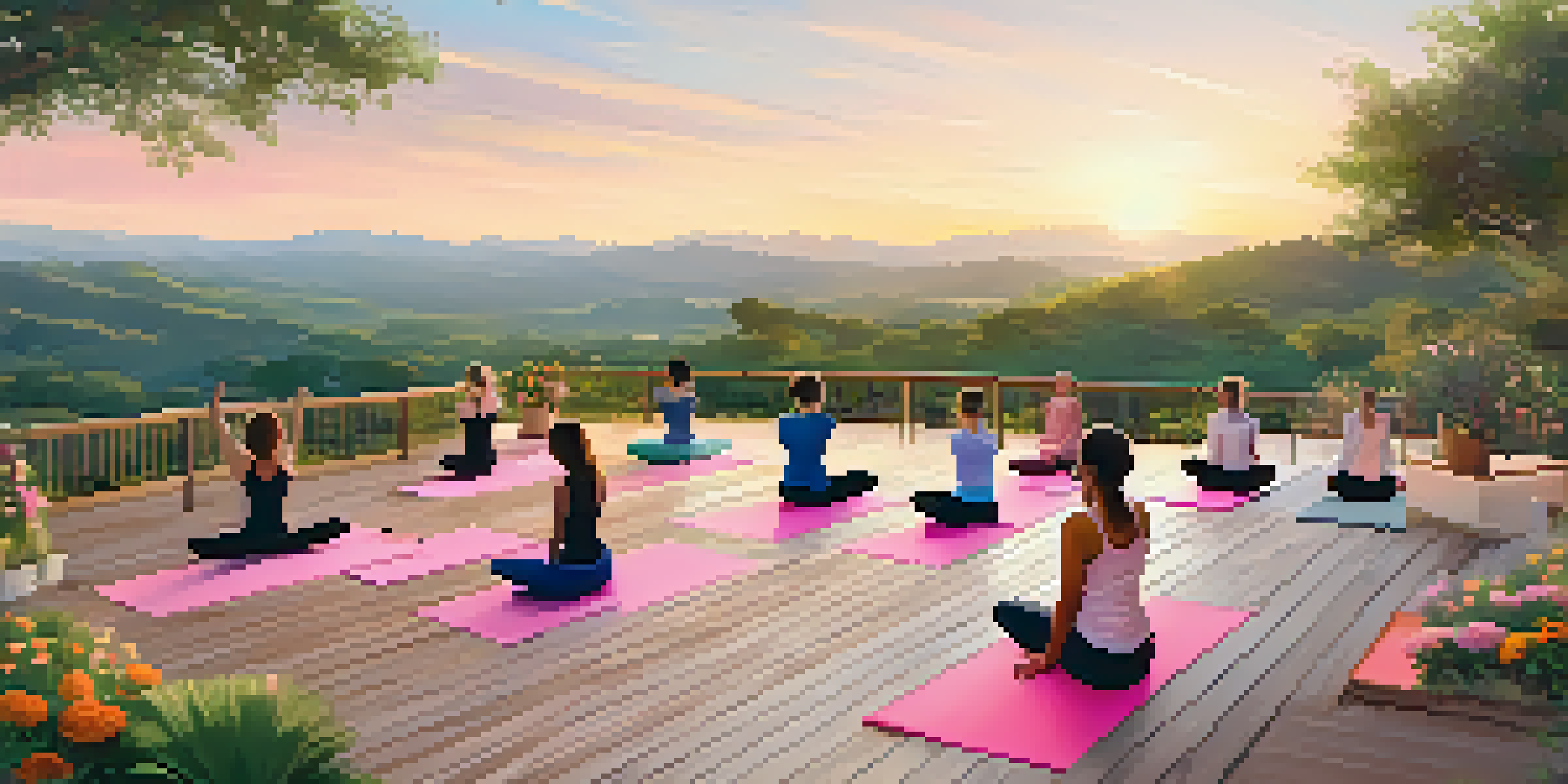 A peaceful outdoor yoga session at Travaasa Austin, with guests practicing yoga on a deck surrounded by lush greenery and a colorful sunrise.