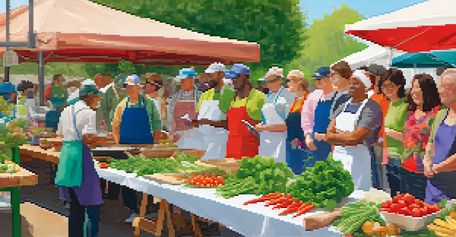 A cooking workshop at a farmers market with a chef demonstrating a recipe using seasonal ingredients to an engaged audience.