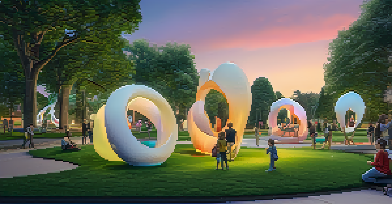 A public park with colorful 3D-printed sculptures illuminated at twilight, with families exploring the area.