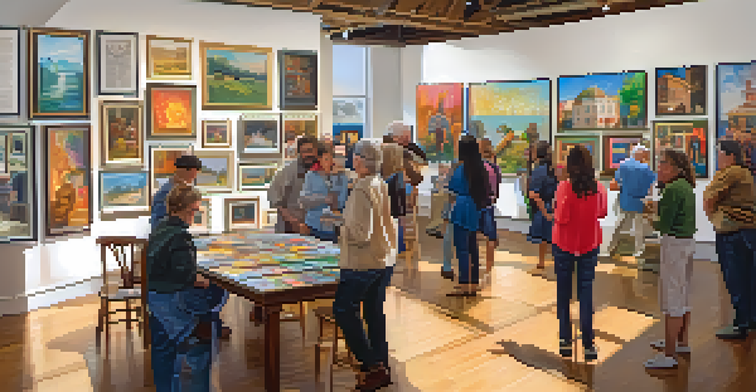 An image of a community event at the Dougherty Arts Center with local artists showcasing their work and attendees participating in a workshop.