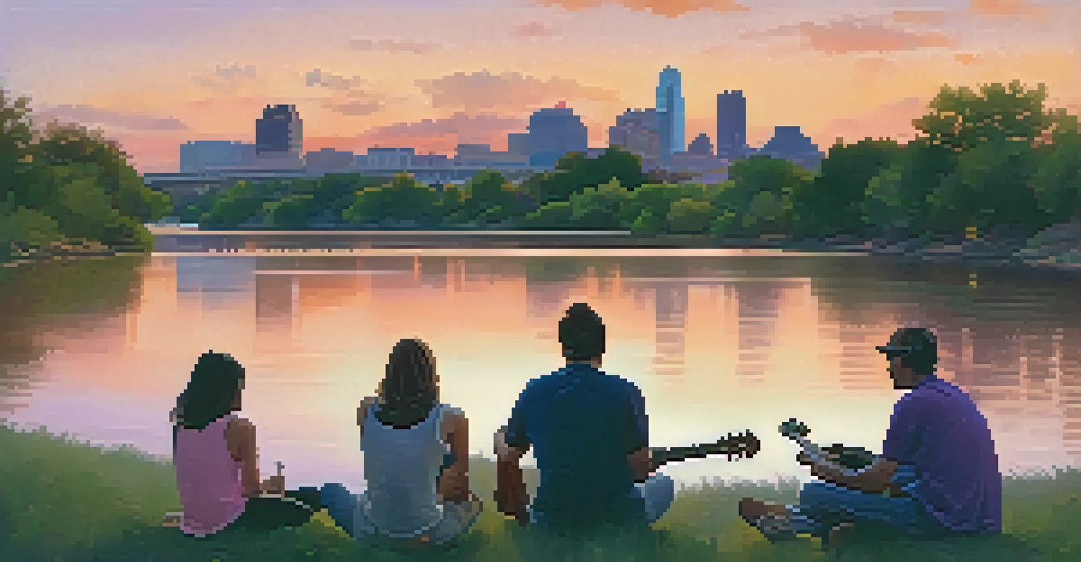 A sunset view of the Colorado River with Austin's skyline in the background, featuring people enjoying the scenery and a musician playing guitar.