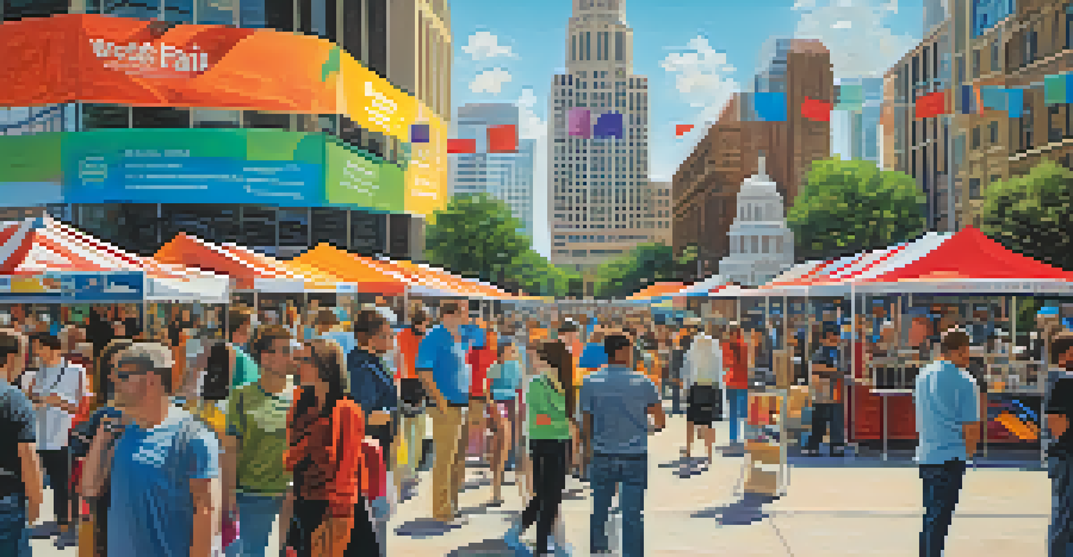 A lively tech fair in downtown Austin with startup stalls and participants interacting with innovative technology against an urban backdrop.