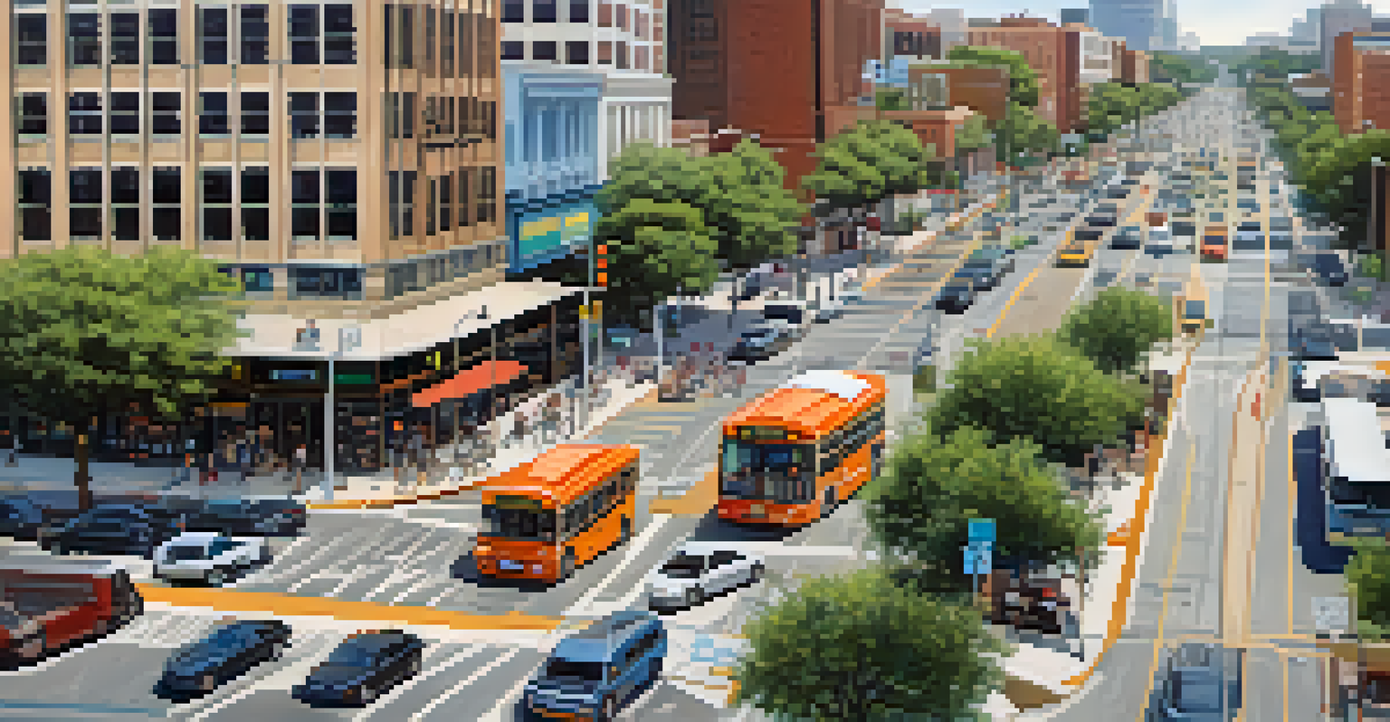 An aerial view of a busy Austin intersection showing dedicated bus and bike lanes, local shops, and pedestrians.