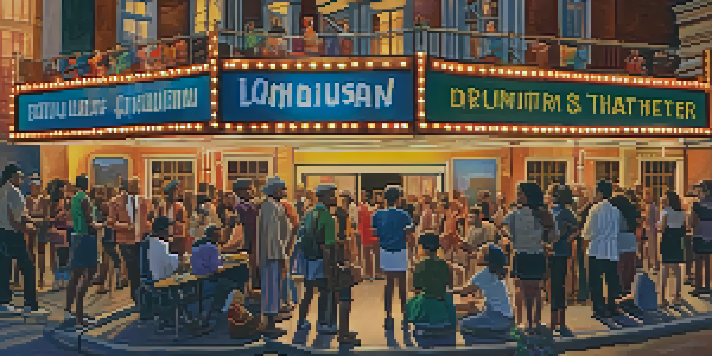 A lively urban theater scene at dusk with a diverse audience outside a historic theater, illuminated by warm lights and colorful posters.