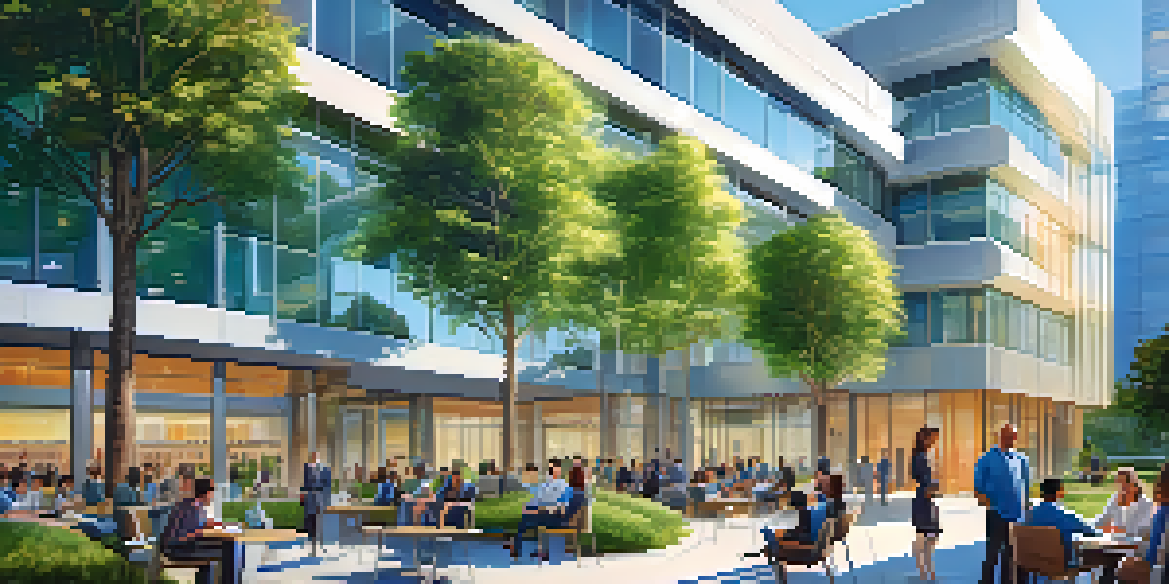 A lively tech hub in Silicon Hills with diverse professionals discussing in front of modern glass office buildings and greenery under a clear blue sky.