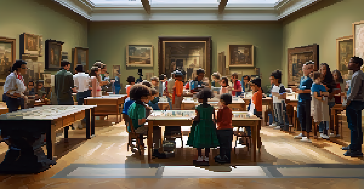 A museum workshop with children and adults learning about historical artifacts in a bright, inviting space.