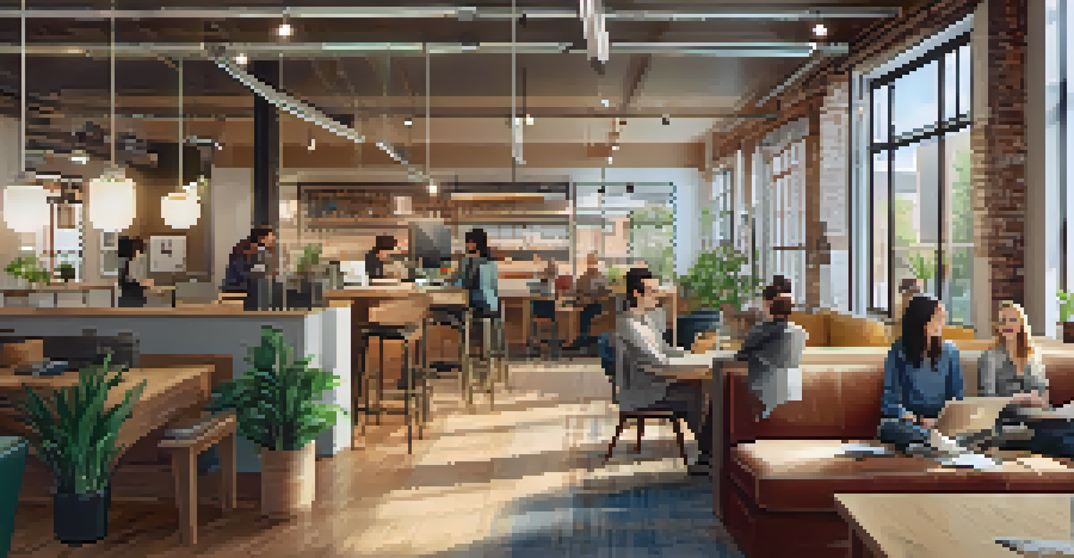The interior of The Workery co-working space with comfortable seating, warm lighting, and freelancers working together.