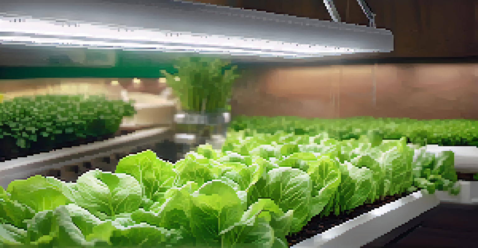 An indoor hydroponic system with healthy green lettuce and herbs growing under LED lights in a kitchen environment.