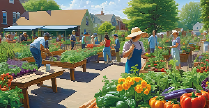 A lively community garden where people are collaboratively tending to various plants and vegetables under a sunny sky.