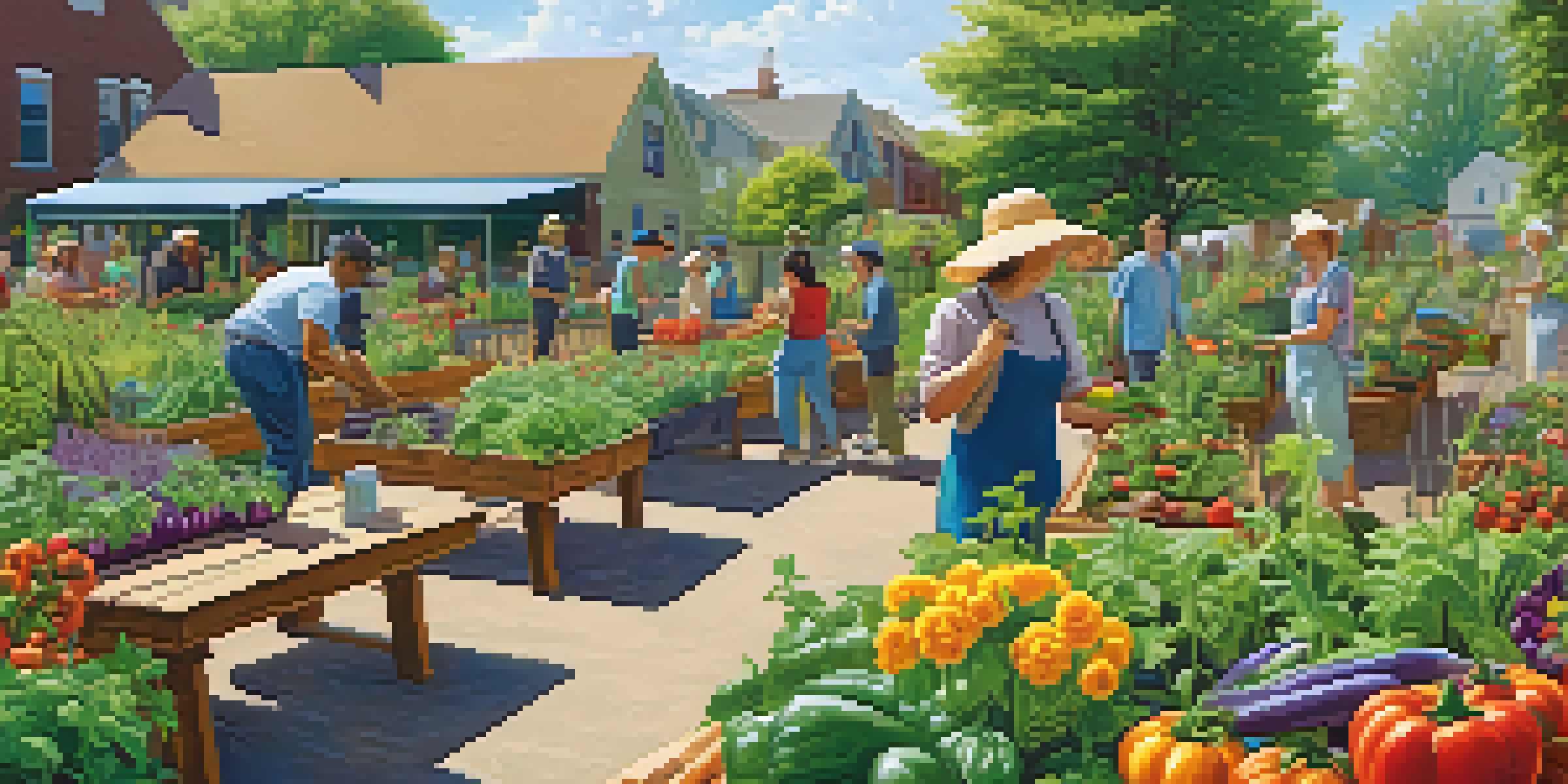 A lively community garden where people are collaboratively tending to various plants and vegetables under a sunny sky.