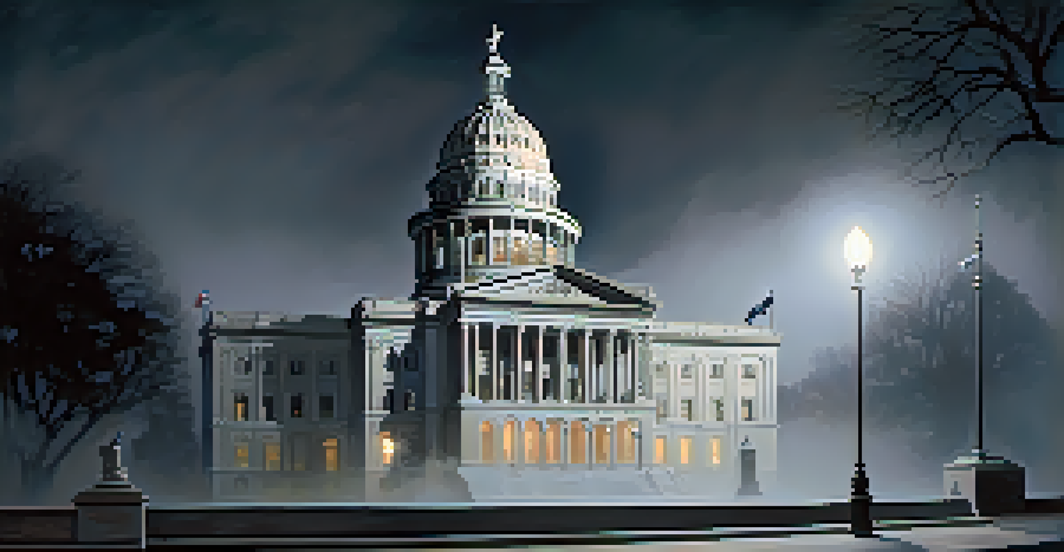 A night view of the Texas State Capitol surrounded by mist, featuring a ghostly figure of a woman in white near the staircase.