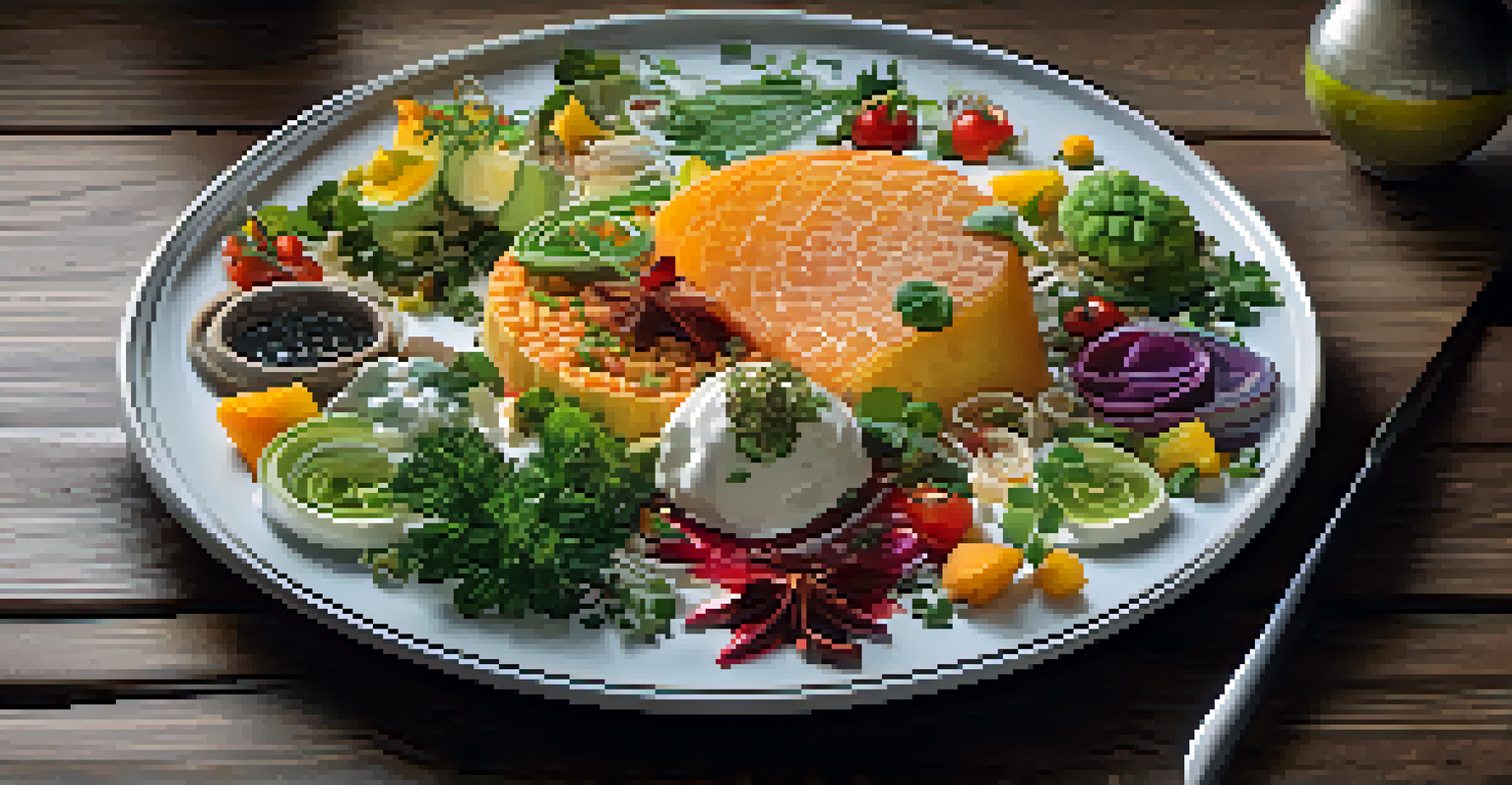 A gourmet dish artistically plated with colorful ingredients and textures, set on a dark wooden table.