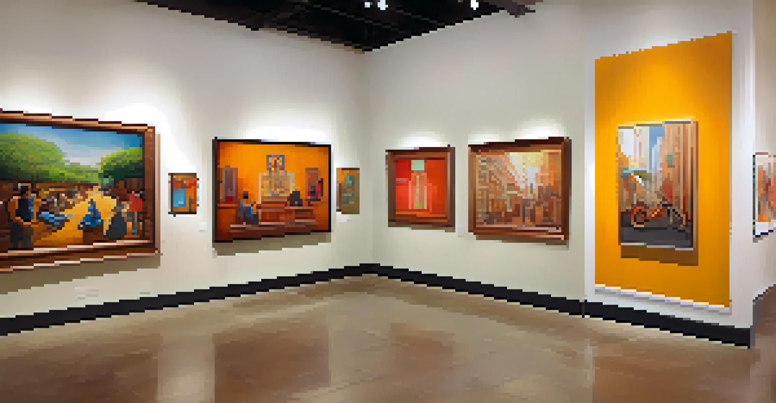 A gallery in an Austin cultural institution displaying Latin American artworks with visitors discussing the pieces in a warmly lit space.