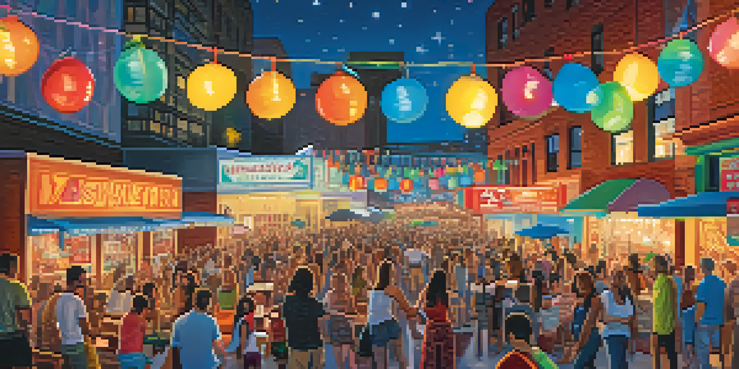 A colorful outdoor music festival in Austin with a diverse crowd enjoying live performances and musicians playing instruments under vibrant lights.