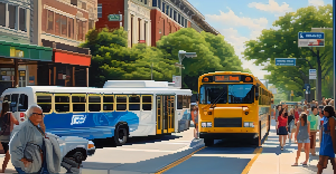 A busy Austin street with a Capital Metro bus stop, electric buses, and diverse passengers amidst local shops and greenery under a clear sky.