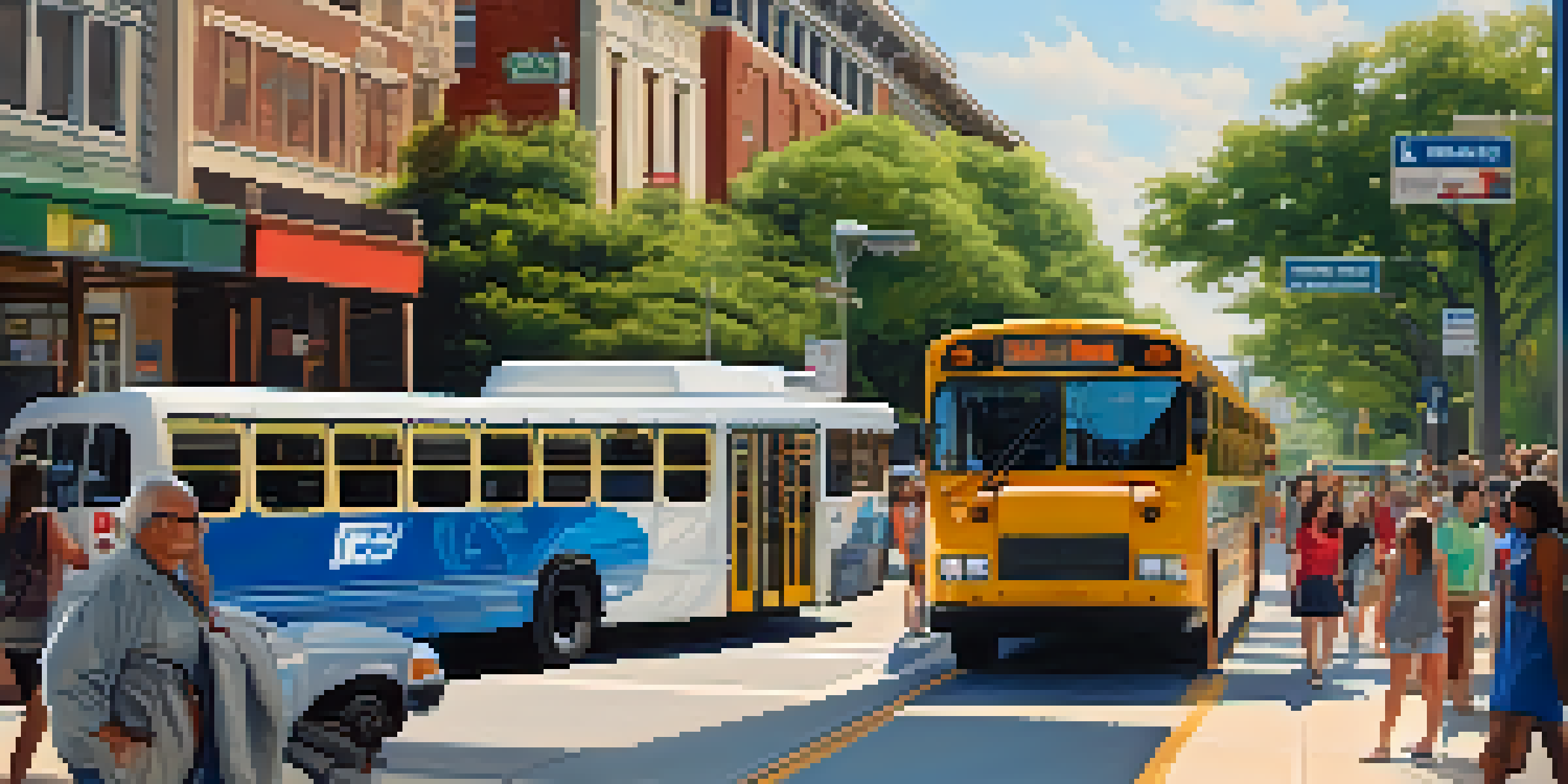 A busy Austin street with a Capital Metro bus stop, electric buses, and diverse passengers amidst local shops and greenery under a clear sky.