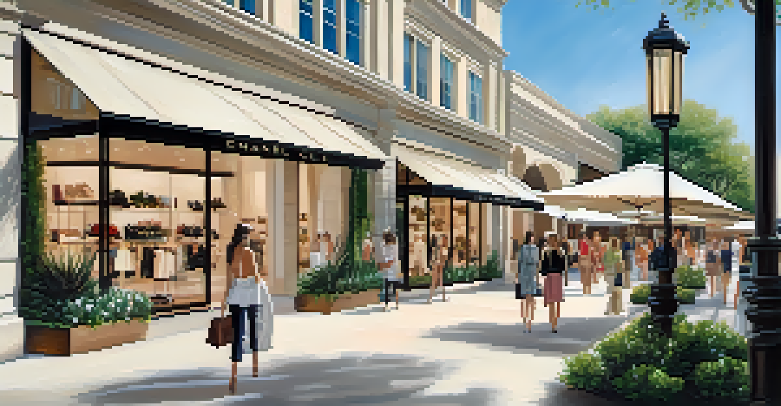 An upscale shopping area at The Domain in Austin with luxury boutiques and landscaped gardens.
