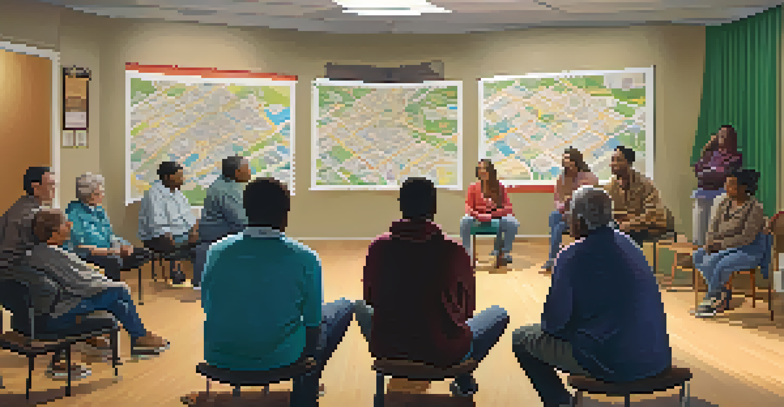 Residents participating in a neighborhood meeting at a community center, discussing local issues in a warm and inviting environment.