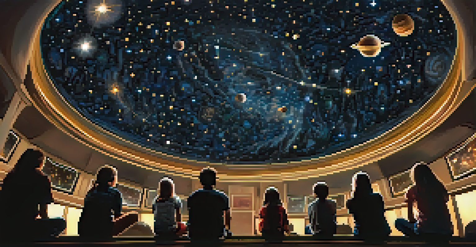 Inside a planetarium dome, a group of visitors gazes up at a stunning projection of the night sky filled with stars and planets.