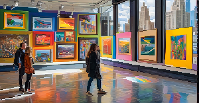 A lively art exhibition in Austin featuring various colorful artworks, with people admiring the art and warm lighting creating a welcoming atmosphere.