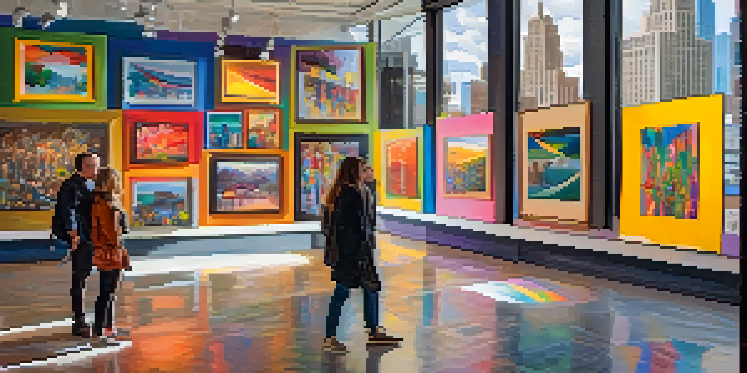A lively art exhibition in Austin featuring various colorful artworks, with people admiring the art and warm lighting creating a welcoming atmosphere.