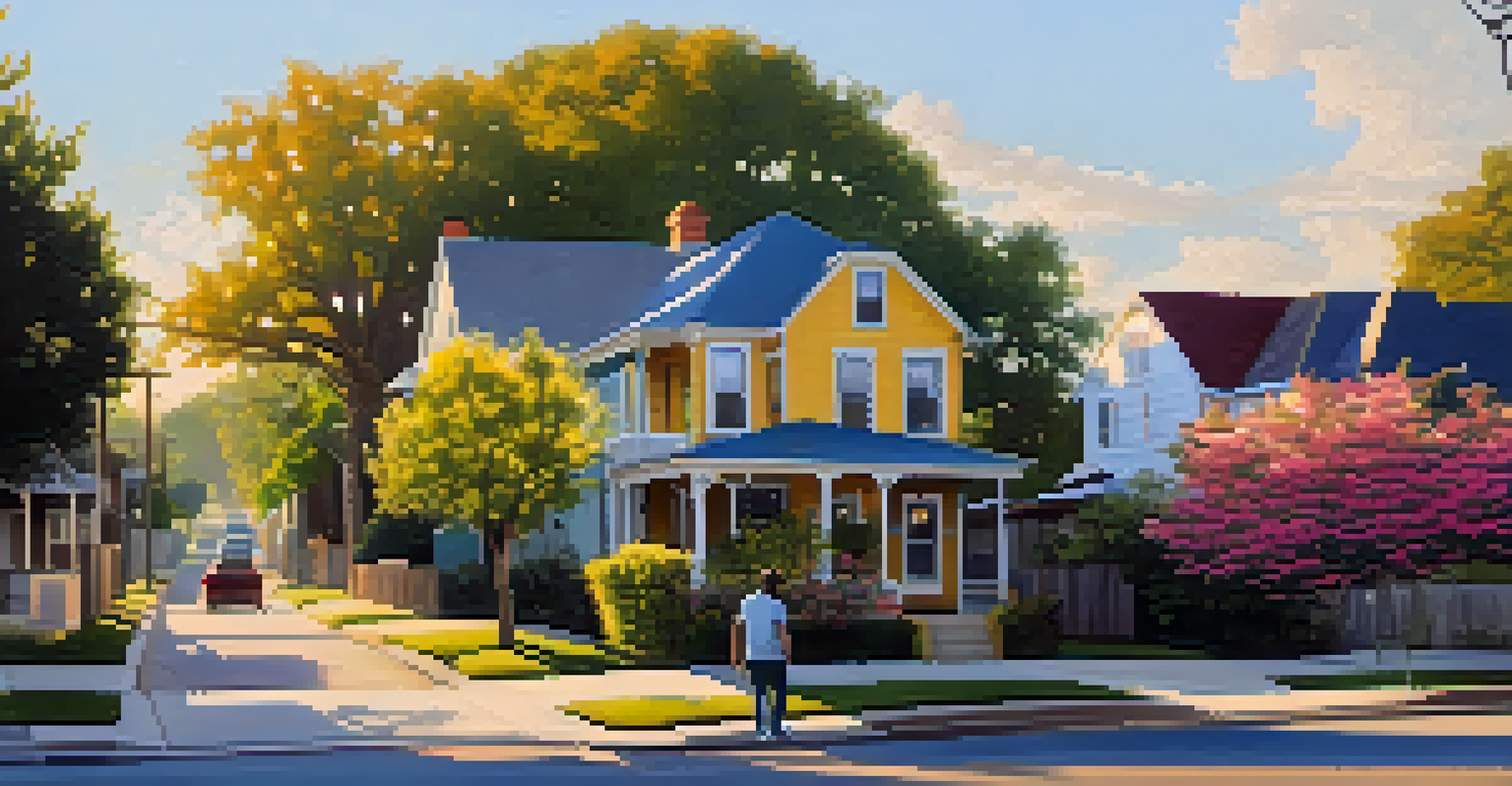 A tree-lined street in Old West Austin, featuring historic homes with diverse architecture, bathed in warm golden hour light.