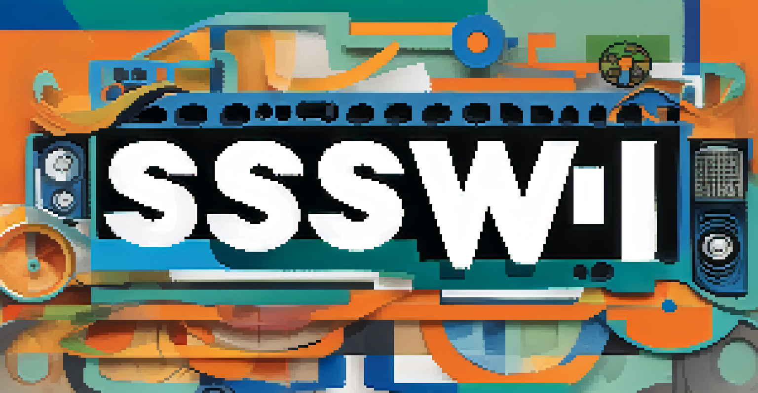 An artistic interpretation of the SXSW logo featuring film, music, and technology elements in a vibrant color palette.