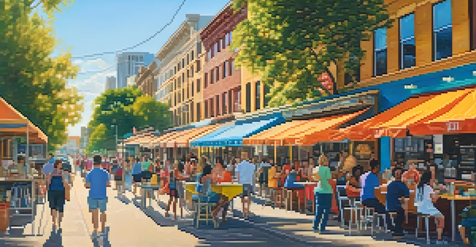 A lively outdoor scene in Austin with colorful food trucks and remote workers enjoying their meals under the sun.