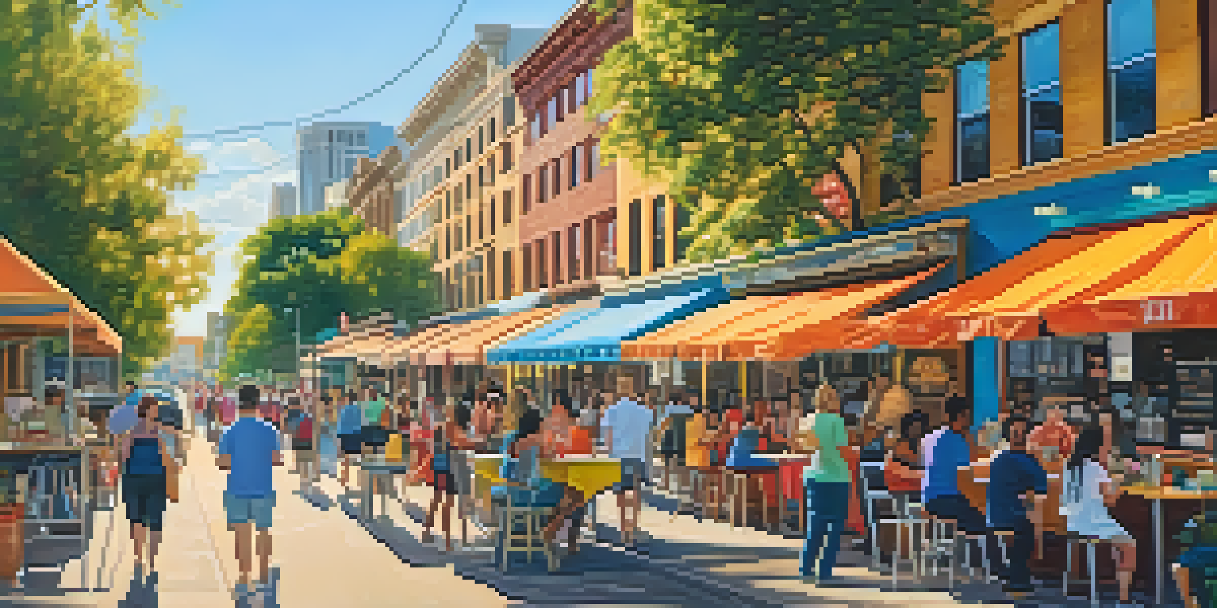 A lively outdoor scene in Austin with colorful food trucks and remote workers enjoying their meals under the sun.