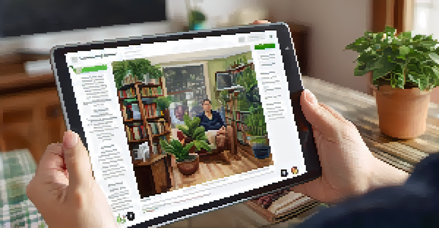 A close-up of a person using a tablet to engage with an online advocacy platform in a cozy living room.