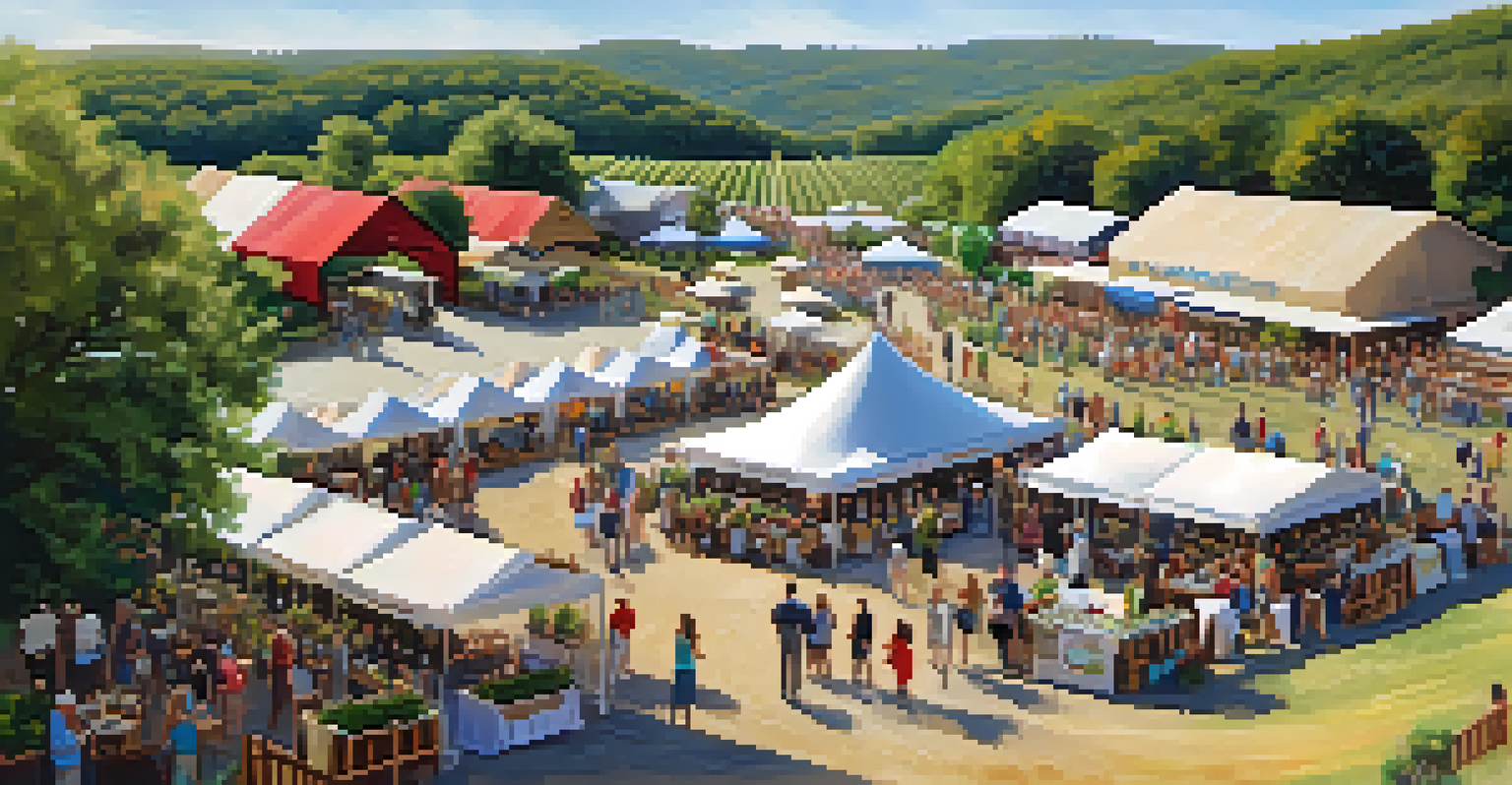 Aerial view of a lively wine festival in Texas Hill Country, with tents, crowds, and vineyards in the background.
