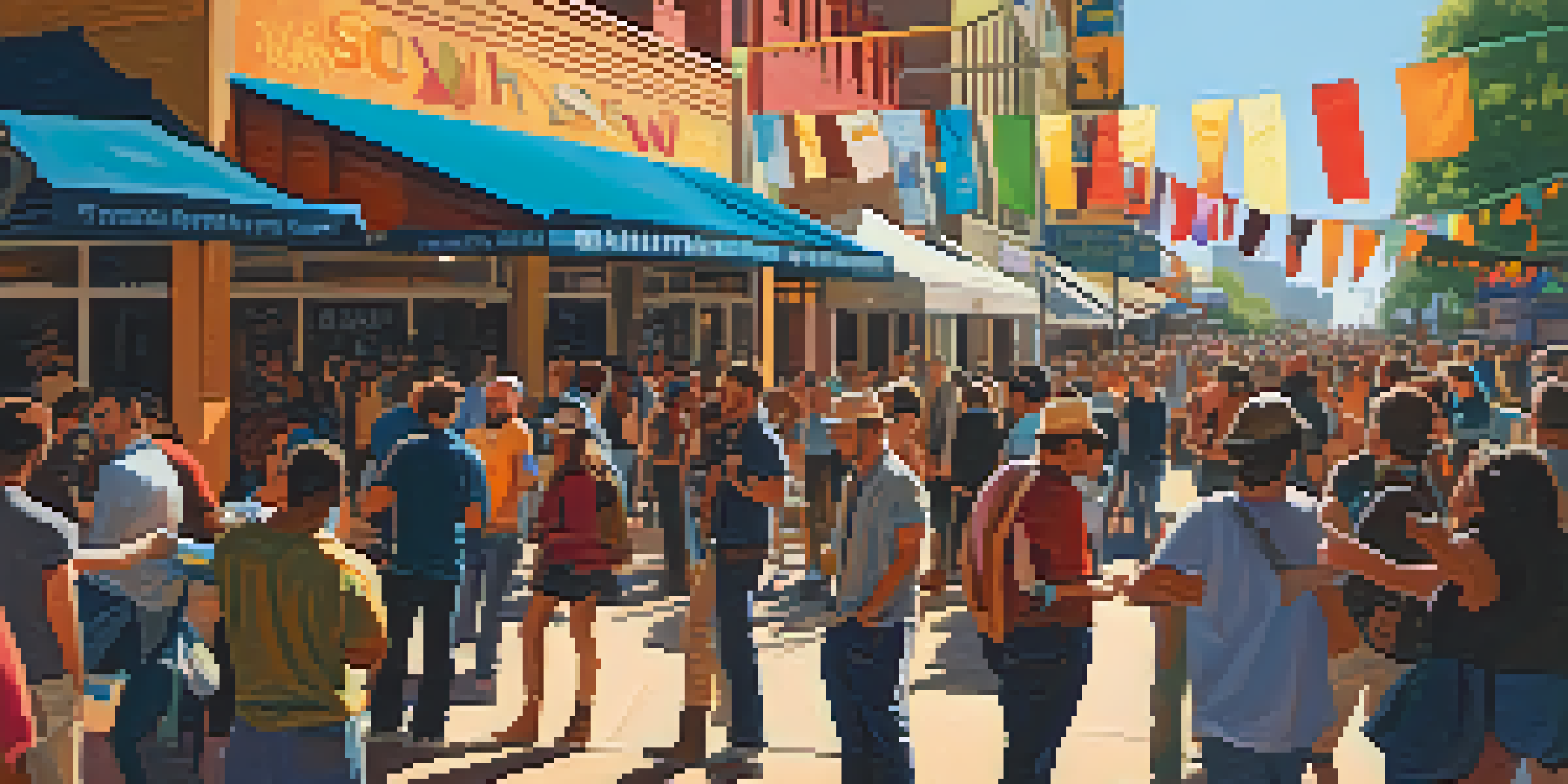 A vibrant gathering at the SXSW film festival with diverse attendees engaging in conversation, colorful banners, and warm sunlight.