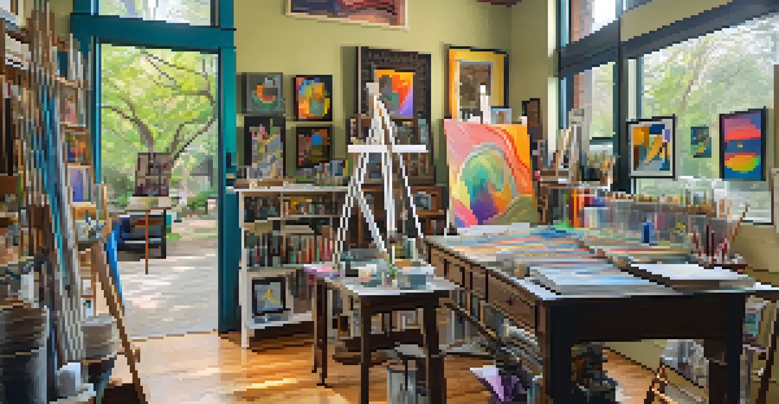 An artist's studio filled with colorful artwork during the Travis Heights Art Trail, with natural light illuminating the space.