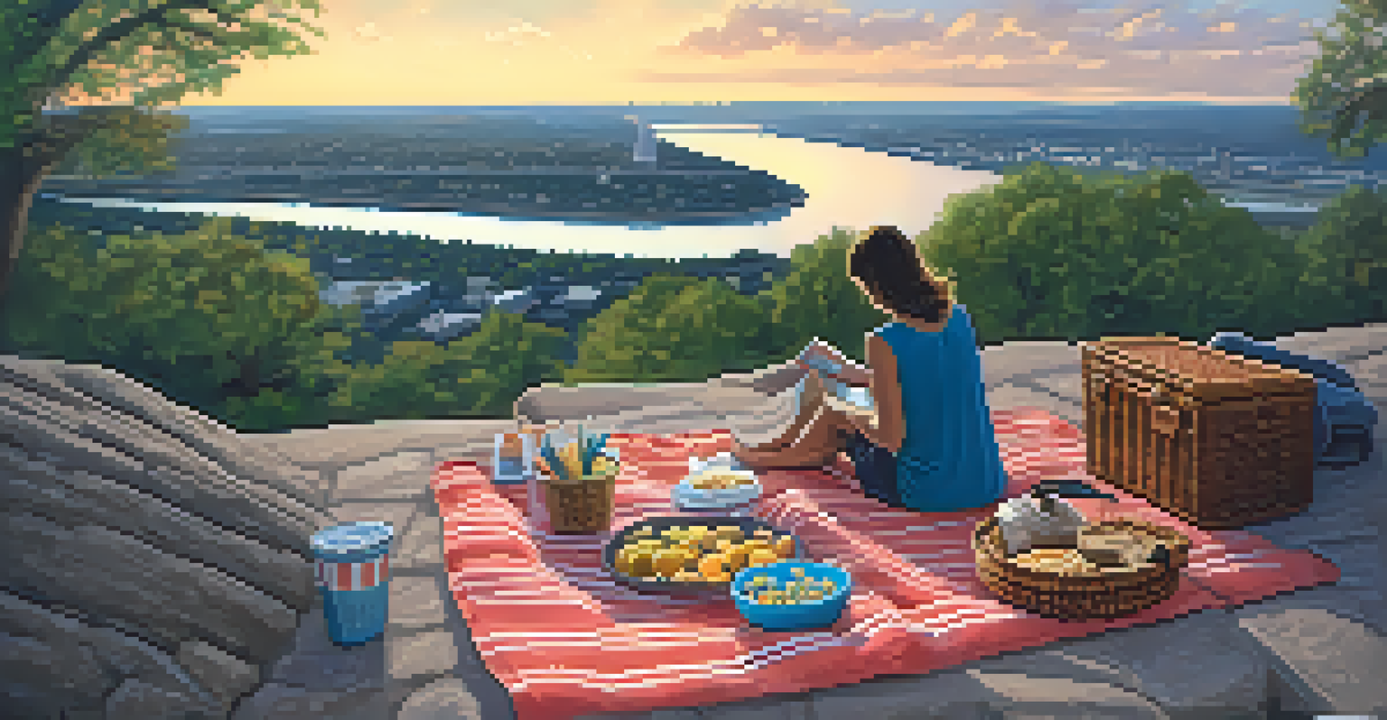 A picnic setup on Mount Bonnell overlooking the Colorado River and Austin skyline during golden hour.