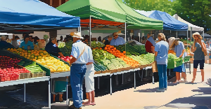 A busy farmer's market in Austin with colorful stalls of fresh fruits and vegetables, under bright canopies and shoppers interacting with farmers.