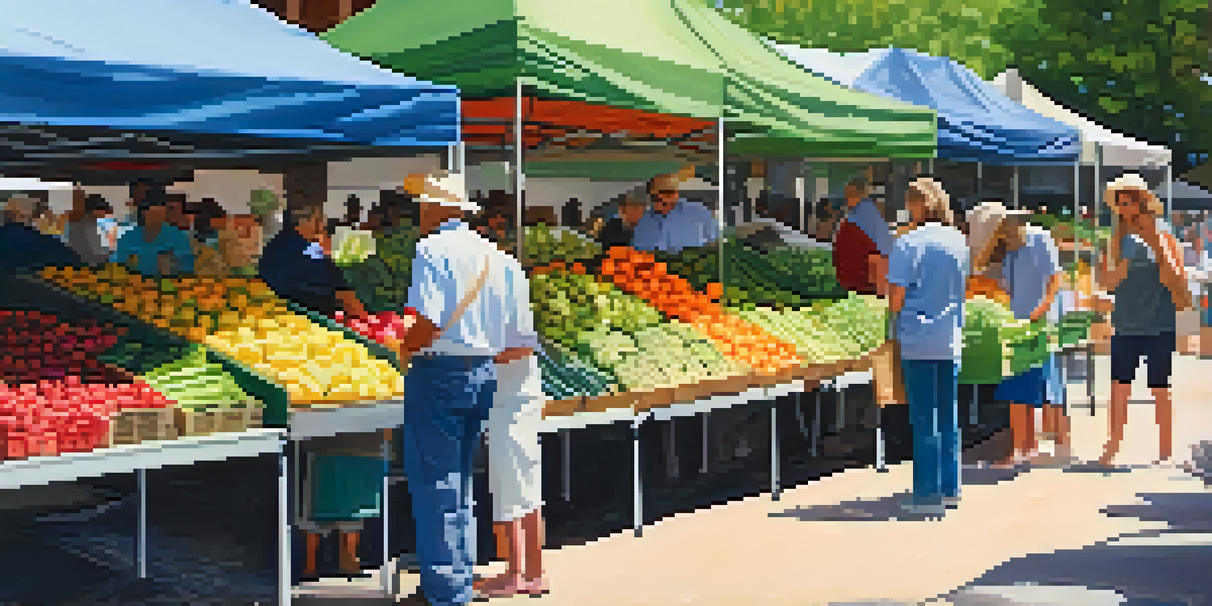 A busy farmer's market in Austin with colorful stalls of fresh fruits and vegetables, under bright canopies and shoppers interacting with farmers.