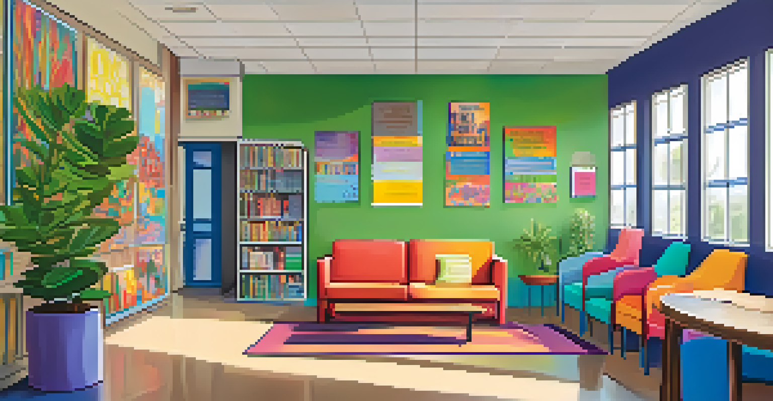 A cozy school counseling center in Austin, featuring a counselor interacting with a student, decorated with motivational posters and colorful furniture, highlighting mental health education.