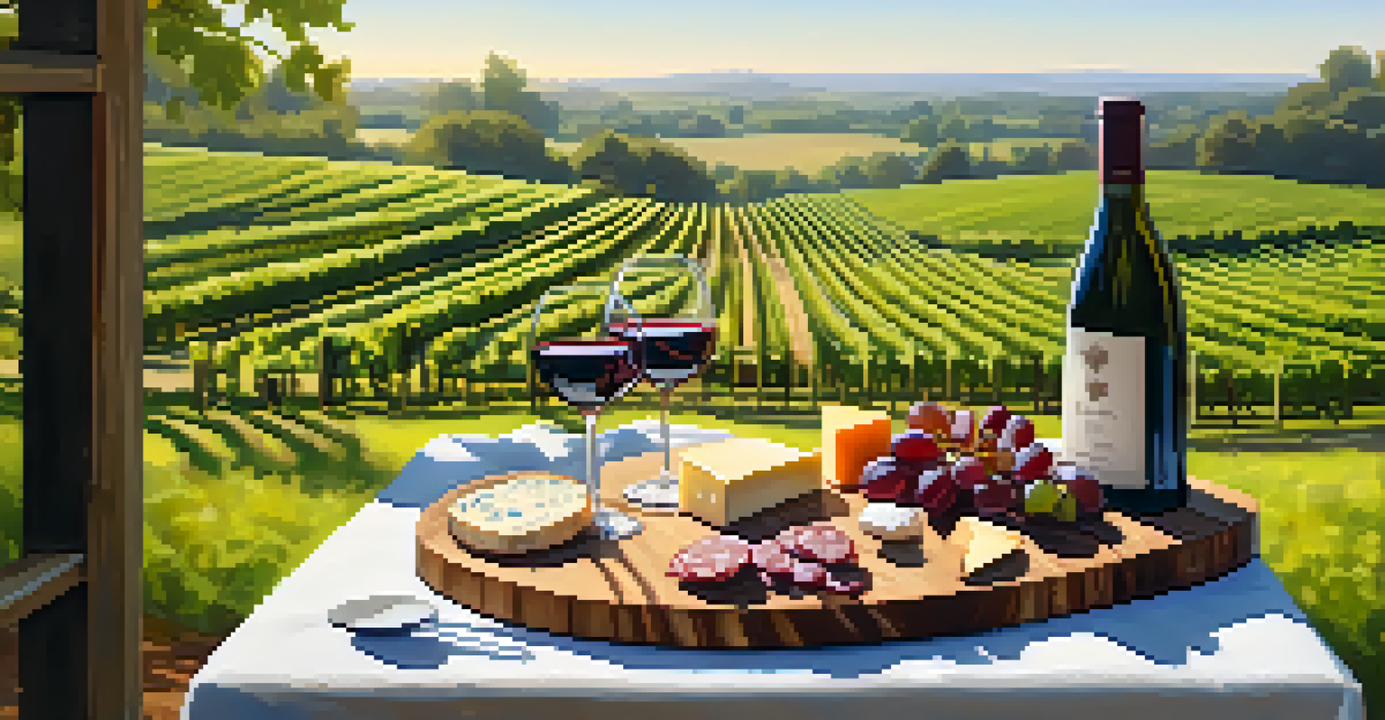 An outdoor wine tasting arrangement with a table of wine glasses and cheese in front of lush vineyards.