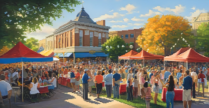 A lively outdoor community event organized by historical societies in Austin, with diverse people participating and a historic building in the background.