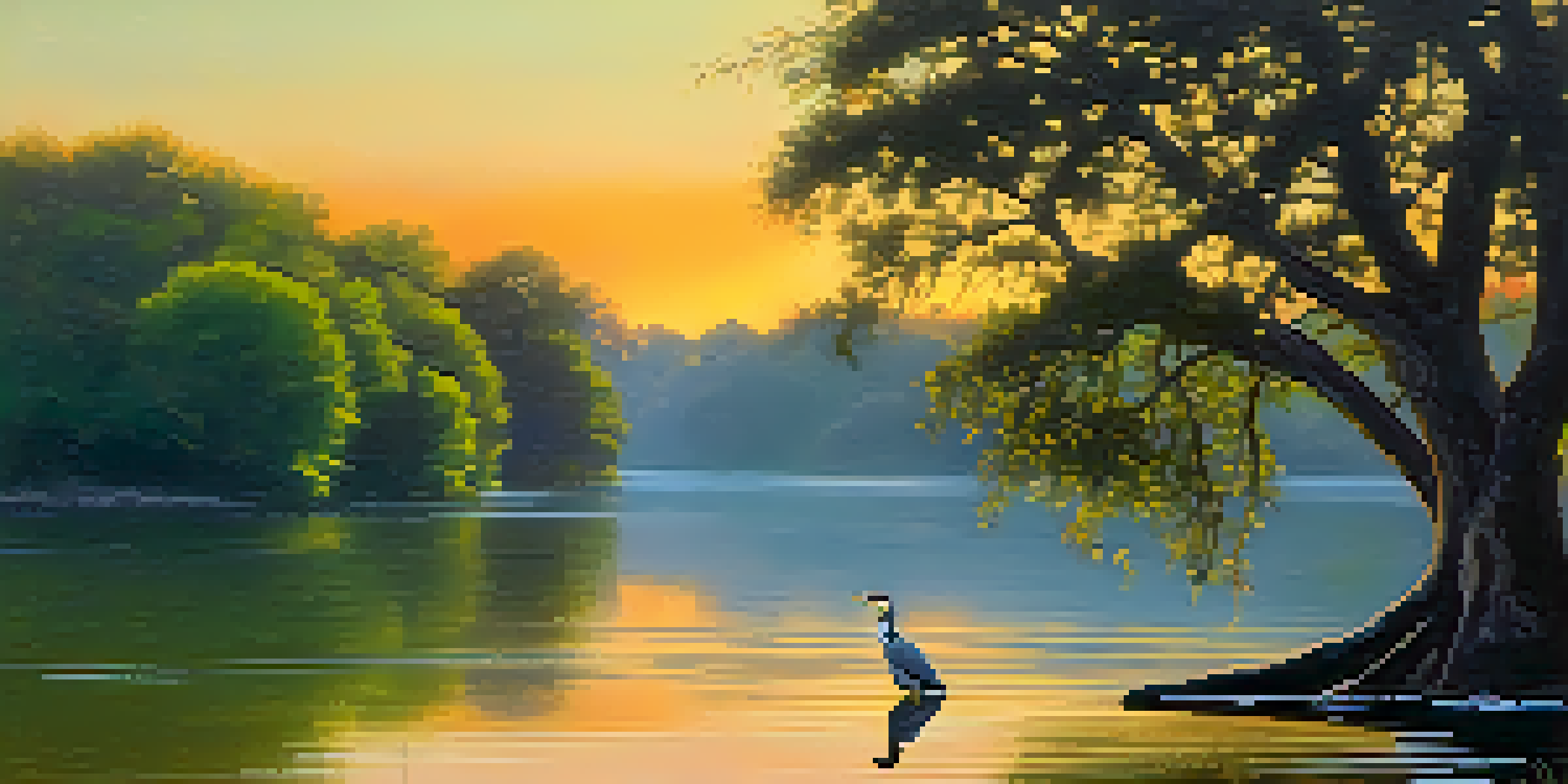 A peaceful morning at Lady Bird Lake featuring a heron perched on a tree branch, with the sunrise reflecting on the calm water.
