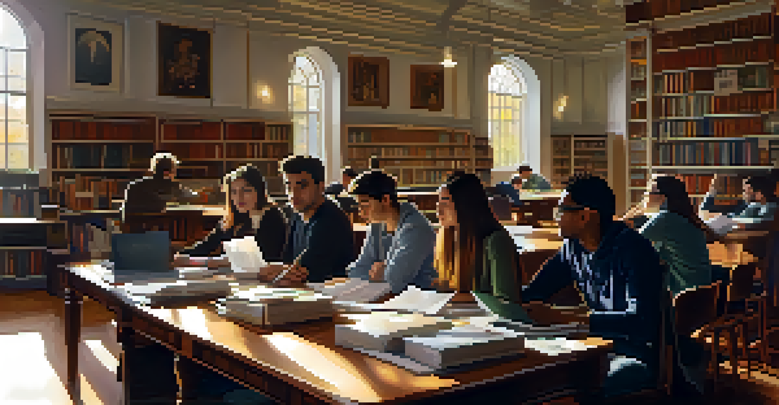 A diverse group of students in a university library discussing civic engagement, surrounded by books and illuminated by natural light.