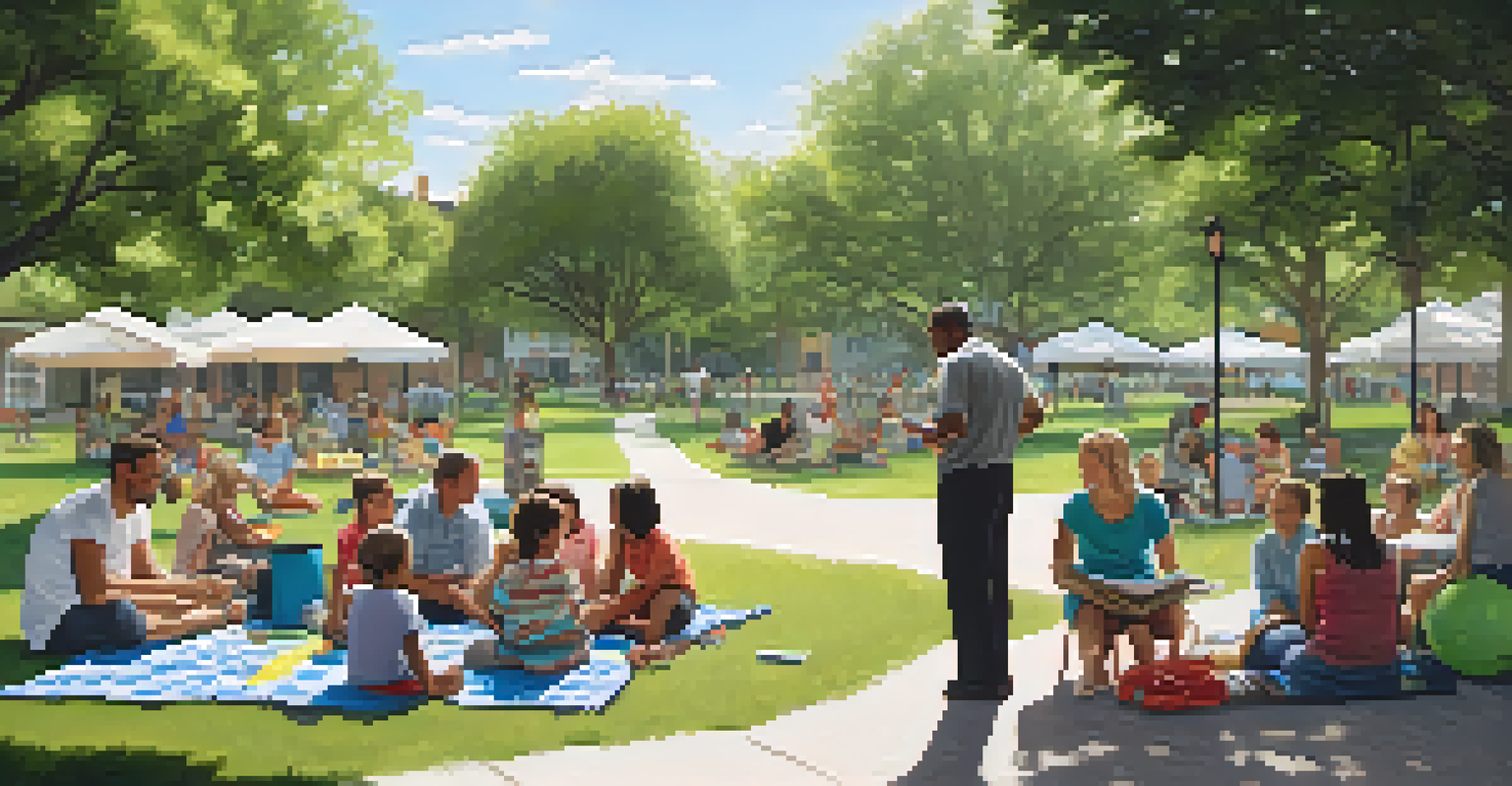 A neighborhood meeting in a park in Austin, with families and residents discussing urban development under a clear sky.