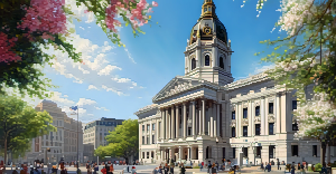 A grand City Hall with a tall spire and detailed architecture, surrounded by flowers and people attending community events.